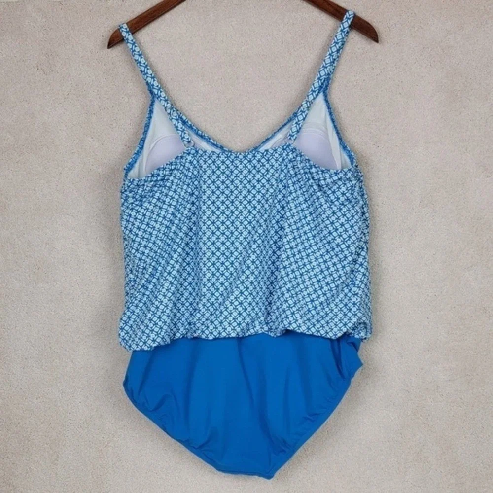 Lands' End Women's‎ 16 Blue Geo Smoothing UPF 50 Blouson Fauxkini Swimsuit